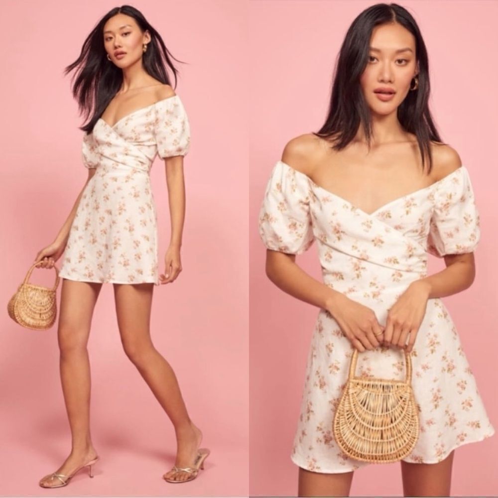 Reformation Bowie Mini White Dress Linen Floral Mildred Size 6